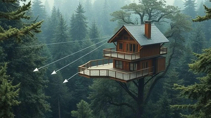 A photorealistic, professional photography, 8K, cinematic lighting, sharp focus, depth of field, shot on a high-end DSLR, showing an architect's blueprint overlayed on an elevated treehouse structure nestled amongst dense forest, with arrows indicating wind direction and sun path, emphasizing strategic placement and design for moisture mitigation. A photorealistic, professional photography, 8K, cinematic lighting, sharp focus, depth of field, shot on a high-end DSLR, showing an architect's blueprint overlayed on an elevated treehouse structure nestled amongst dense forest, with arrows indicating wind direction and sun path, emphasizing strategic placement and design for moisture mitigation.
