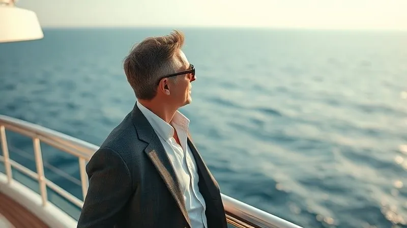 A photorealistic, professional photography image of a discerning VIP traveler, elegantly dressed, gazing thoughtfully out at a serene ocean from a private yacht deck. The lighting is soft and contemplative, highlighting the calm yet sophisticated atmosphere. Sharp focus on the individual, with a gentle depth of field on the vast sea. 8K hyper-detailed, shot on a high-end DSLR. A photorealistic, professional photography image of a discerning VIP traveler, elegantly dressed, gazing thoughtfully out at a serene ocean from a private yacht deck. The lighting is soft and contemplative, highlighting the calm yet sophisticated atmosphere. Sharp focus on the individual, with a gentle depth of field on the vast sea. 8K hyper-detailed, shot on a high-end DSLR.