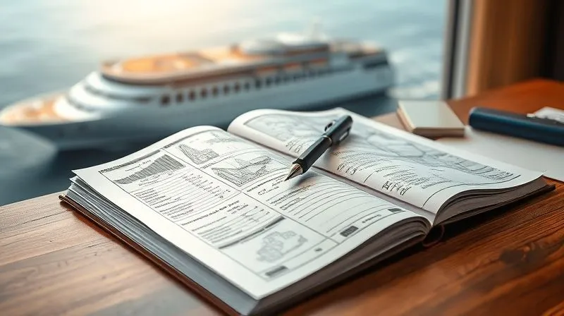 A photorealistic, professional photography image of a detailed travel planner, open on a mahogany desk, with a pen poised over intricate notes and sketches. In the background, a blurred image of a luxurious ocean liner. The scene is lit with warm, focused light, emphasizing meticulous planning and attention to detail. 8K hyper-detailed, shot on a high-end DSLR. A photorealistic, professional photography image of a detailed travel planner, open on a mahogany desk, with a pen poised over intricate notes and sketches. In the background, a blurred image of a luxurious ocean liner. The scene is lit with warm, focused light, emphasizing meticulous planning and attention to detail. 8K hyper-detailed, shot on a high-end DSLR.