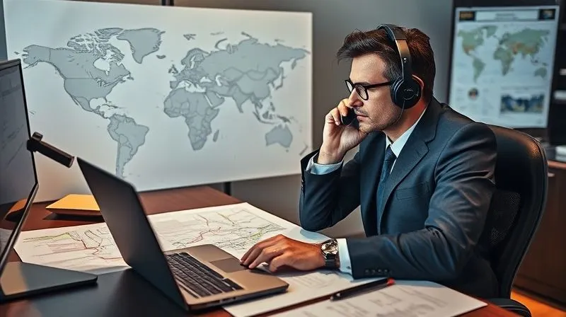 A photorealistic, professional photography image of a calm and composed luxury travel advisor, mid-conversation on a secure satellite phone, with a sophisticated world map and contingency plans spread out on a desk. The lighting is focused and professional, conveying control and preparedness in a high-stakes environment. 8K hyper-detailed, shot on a high-end DSLR. A photorealistic, professional photography image of a calm and composed luxury travel advisor, mid-conversation on a secure satellite phone, with a sophisticated world map and contingency plans spread out on a desk. The lighting is focused and professional, conveying control and preparedness in a high-stakes environment. 8K hyper-detailed, shot on a high-end DSLR.