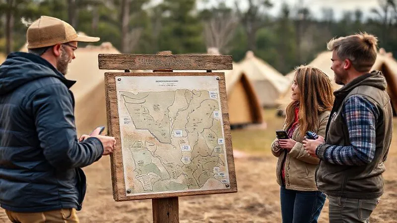 A friendly glamping staff member, dressed in professional outdoor attire, engaging with a small group of guests around a rustic map stand at the entrance of a remote glamping site. The staff member is pointing to a safety feature on the map, while guests listen attentively, some holding small personal safety devices. The scene is warm and inviting, yet clearly focused on education. Photorealistic, professional photography, 8K, cinematic lighting, sharp focus on the interaction, depth of field blurring the background glamping tents, shot on a high-end DSLR. A friendly glamping staff member, dressed in professional outdoor attire, engaging with a small group of guests around a rustic map stand at the entrance of a remote glamping site. The staff member is pointing to a safety feature on the map, while guests listen attentively, some holding small personal safety devices. The scene is warm and inviting, yet clearly focused on education. Photorealistic, professional photography, 8K, cinematic lighting, sharp focus on the interaction, depth of field blurring the background glamping tents, shot on a high-end DSLR.