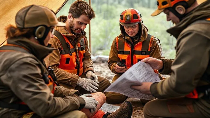A professional, organized team of glamping staff members conducting a safety drill at a remote site. One staff member is simulating an injury, while others are calmly and efficiently applying first aid, communicating via two-way radios, and consulting a laminated emergency action plan. The scene is set in a natural, rugged environment, emphasizing realistic training. Photorealistic, professional photography, 8K, cinematic lighting, sharp focus on the team's actions, depth of field blurring the background, shot on a high-end DSLR. A professional, organized team of glamping staff members conducting a safety drill at a remote site. One staff member is simulating an injury, while others are calmly and efficiently applying first aid, communicating via two-way radios, and consulting a laminated emergency action plan. The scene is set in a natural, rugged environment, emphasizing realistic training. Photorealistic, professional photography, 8K, cinematic lighting, sharp focus on the team's actions, depth of field blurring the background, shot on a high-end DSLR.