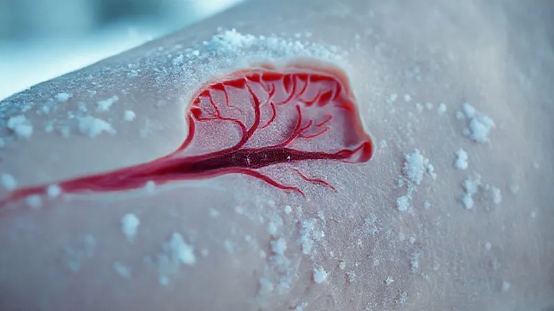 photorealistic, professional photography, 8K, cinematic lighting, sharp focus, depth of field, shot on a high-end DSLR, a detailed cross-section diagram of human skin showing vasoconstriction in response to cold, with blood vessels constricting and tiny muscle fibers contracting, in a scientific, clear style, no labels, against a subtle snowy background. photorealistic, professional photography, 8K, cinematic lighting, sharp focus, depth of field, shot on a high-end DSLR, a detailed cross-section diagram of human skin showing vasoconstriction in response to cold, with blood vessels constricting and tiny muscle fibers contracting, in a scientific, clear style, no labels, against a subtle snowy background.