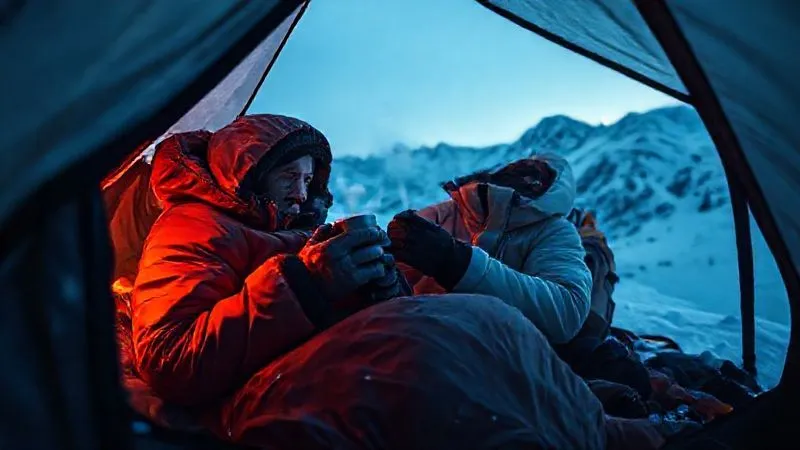 photorealistic, professional photography, 8K, cinematic lighting, sharp focus, depth of field, shot on a high-end DSLR, two climbers inside a small tent on a snowy mountain, one person is wrapped in a thick sleeping bag, being offered a steaming mug by their concerned partner, warm glow inside the tent, conveying comfort and safety. photorealistic, professional photography, 8K, cinematic lighting, sharp focus, depth of field, shot on a high-end DSLR, two climbers inside a small tent on a snowy mountain, one person is wrapped in a thick sleeping bag, being offered a steaming mug by their concerned partner, warm glow inside the tent, conveying comfort and safety.