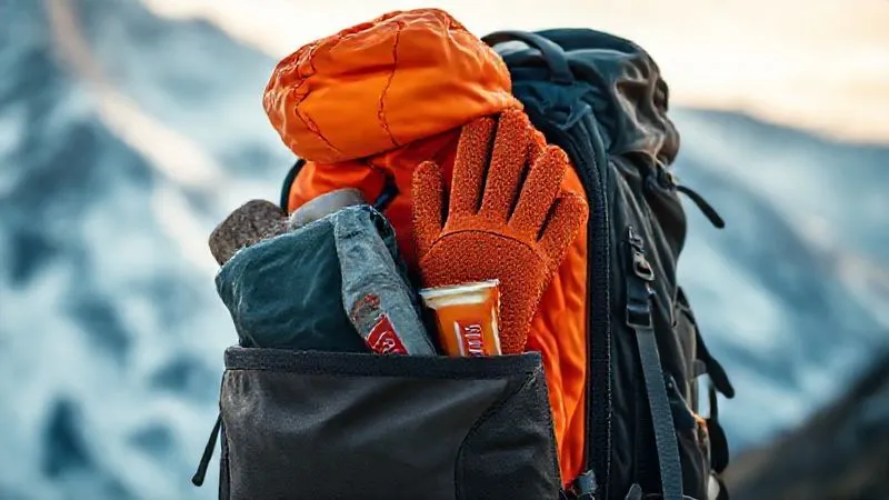 photorealistic, professional photography, 8K, cinematic lighting, sharp focus, depth of field, shot on a high-end DSLR, a backpack filled with essential alpine trekking gear: a bright orange waterproof jacket, a pair of insulated gloves, a wool beanie, a thermos, an emergency bivy, and an energy bar, all neatly packed against a blurred snowy mountain background. photorealistic, professional photography, 8K, cinematic lighting, sharp focus, depth of field, shot on a high-end DSLR, a backpack filled with essential alpine trekking gear: a bright orange waterproof jacket, a pair of insulated gloves, a wool beanie, a thermos, an emergency bivy, and an energy bar, all neatly packed against a blurred snowy mountain background.