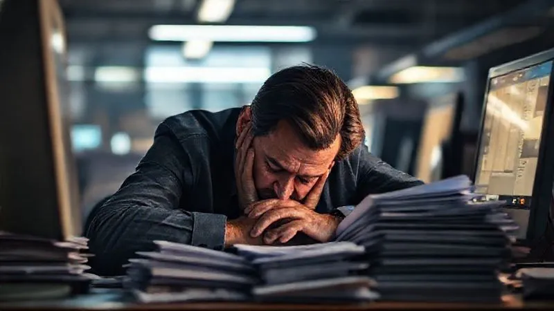 A photorealistic image depicting a professional (diverse ethnicity, 40s) slumped over a desk, surrounded by stacks of papers and glowing computer screens, head in hands, looking utterly exhausted and overwhelmed. The scene is dimly lit with harsh office fluorescents, conveying a sense of despair and chronic fatigue. Sharp focus on the professional, depth of field blurring the chaotic background, 8K hyper-detailed, professional photography, cinematic lighting, shot on a high-end DSLR. A photorealistic image depicting a professional (diverse ethnicity, 40s) slumped over a desk, surrounded by stacks of papers and glowing computer screens, head in hands, looking utterly exhausted and overwhelmed. The scene is dimly lit with harsh office fluorescents, conveying a sense of despair and chronic fatigue. Sharp focus on the professional, depth of field blurring the chaotic background, 8K hyper-detailed, professional photography, cinematic lighting, shot on a high-end DSLR.