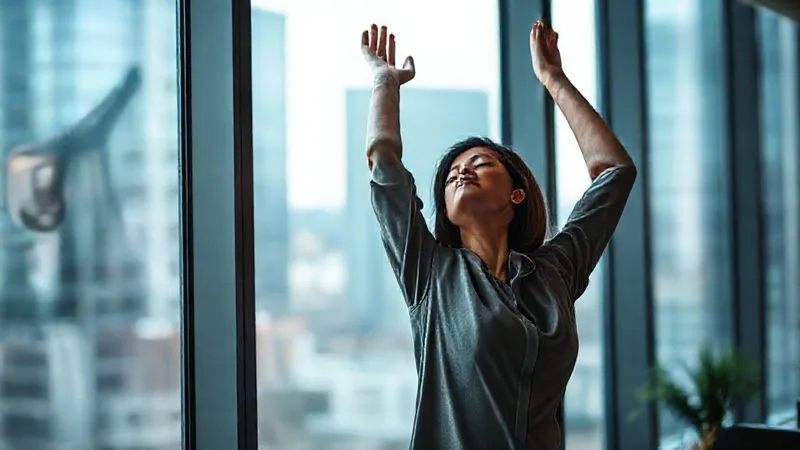 A photorealistic, professional photography, 8K, cinematic lighting, sharp focus, depth of field image of a professional (diverse ethnicity, 30s) standing by a large office window, gently stretching their arms upwards, eyes closed in calm focus. Soft natural light streams in, highlighting a sense of peace and gentle movement amidst a subtly blurred cityscape background. Shot on a high-end DSLR. A photorealistic, professional photography, 8K, cinematic lighting, sharp focus, depth of field image of a professional (diverse ethnicity, 30s) standing by a large office window, gently stretching their arms upwards, eyes closed in calm focus. Soft natural light streams in, highlighting a sense of peace and gentle movement amidst a subtly blurred cityscape background. Shot on a high-end DSLR.