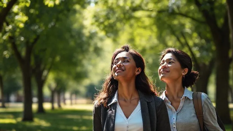 A photorealistic, professional photography, 8K, cinematic lighting, sharp focus, depth of field image of a professional (diverse ethnicity, 30s) taking a mindful walk through a sun-dappled park, wearing business casual attire. They have a serene expression, looking up at the canopy of trees, with soft light filtering through the leaves. The background is a gently blurred natural landscape, conveying peace and refreshment. Shot on a high-end DSLR. A photorealistic, professional photography, 8K, cinematic lighting, sharp focus, depth of field image of a professional (diverse ethnicity, 30s) taking a mindful walk through a sun-dappled park, wearing business casual attire. They have a serene expression, looking up at the canopy of trees, with soft light filtering through the leaves. The background is a gently blurred natural landscape, conveying peace and refreshment. Shot on a high-end DSLR.