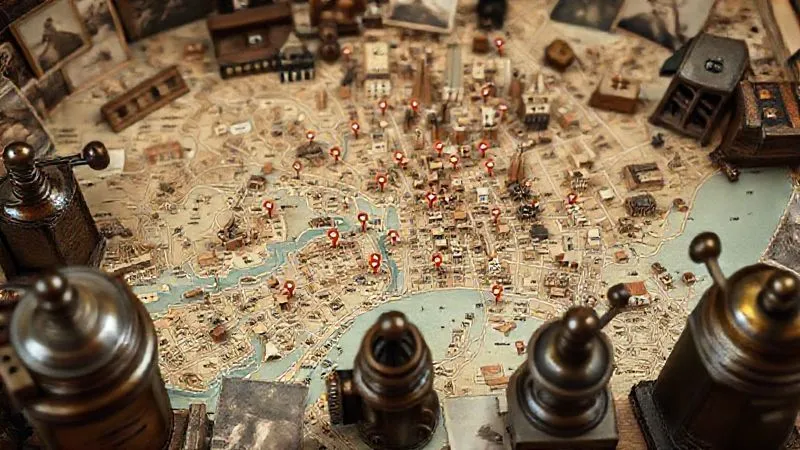 Photorealistic image of a vintage coffee map of a bustling city, with pins marking unique cafes and roasting houses, surrounded by old coffee grinders and historical photographs. Cinematic lighting, sharp focus, depth of field, 8K hyper-detailed.