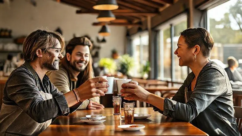Photorealistic image of diverse people, including local cafe owners, a hotel manager, and a food blogger, happily clinking coffee cups in a sun-drenched cafe, symbolizing successful collaboration. Cinematic lighting, sharp focus, depth of field, 8K hyper-detailed.