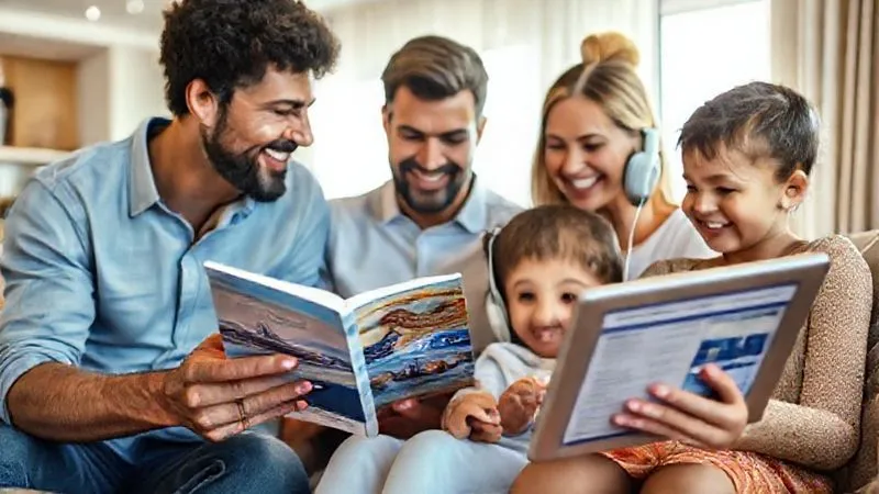 A photorealistic, professional photography, 8K, cinematic lighting, sharp focus, depth of field, shot on a high-end DSLR of a diverse family, including a child with headphones, happily reviewing cruise brochures and a tablet with a cruise line's accessibility page open, in a bright, comfortable living room. The scene emphasizes thoughtful planning and anticipation.