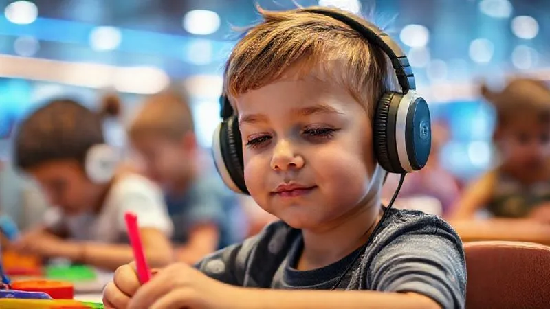 A photorealistic, professional photography, 8K, cinematic lighting, sharp focus, depth of field, shot on a high-end DSLR of a child with a calm expression, wearing noise-canceling headphones, engaged in a quiet, creative activity in a brightly lit, yet not overwhelming, youth club setting on a cruise ship. Other children are playing calmly in the background, out of sharp focus, emphasizing a sensory-friendly environment.