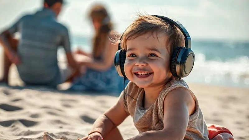 A photorealistic, professional photography, 8K, cinematic lighting, sharp focus, depth of field, shot on a high-end DSLR of a child with a wide smile, wearing noise-canceling headphones, sitting calmly on a beautiful, uncrowded beach during a shore excursion. Parents are nearby, subtly observing, and the scene exudes peace and joy. The focus is on the child's comfort and engagement with the natural environment.