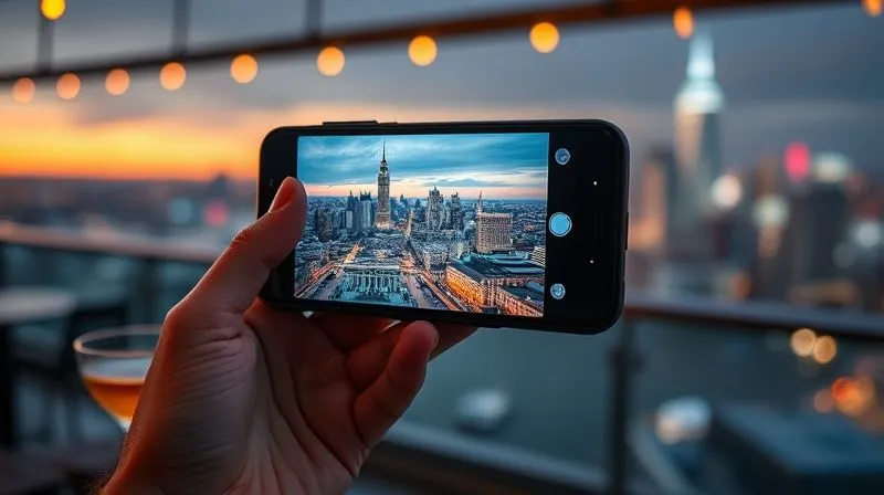A photorealistic close-up of a smartphone screen displaying an Augmented Reality (AR) overlay of historical buildings and facts on a live camera view of a modern city skyline from a rooftop bar. A hand holds the phone, with a blurred cocktail glass and city lights in the background. Professional photography, 8K, sharp focus on the screen, cinematic lighting. A photorealistic close-up of a smartphone screen displaying an Augmented Reality (AR) overlay of historical buildings and facts on a live camera view of a modern city skyline from a rooftop bar. A hand holds the phone, with a blurred cocktail glass and city lights in the background. Professional photography, 8K, sharp focus on the screen, cinematic lighting.