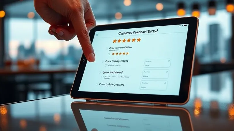 A photorealistic image of a sleek tablet displaying a customer feedback survey with star ratings and open-ended questions, resting on a modern bar top with a blurred city skyline in the background. A hand is about to tap the screen. Professional photography, 8K, cinematic lighting, sharp focus on the tablet, depth of field. A photorealistic image of a sleek tablet displaying a customer feedback survey with star ratings and open-ended questions, resting on a modern bar top with a blurred city skyline in the background. A hand is about to tap the screen. Professional photography, 8K, cinematic lighting, sharp focus on the tablet, depth of field.
