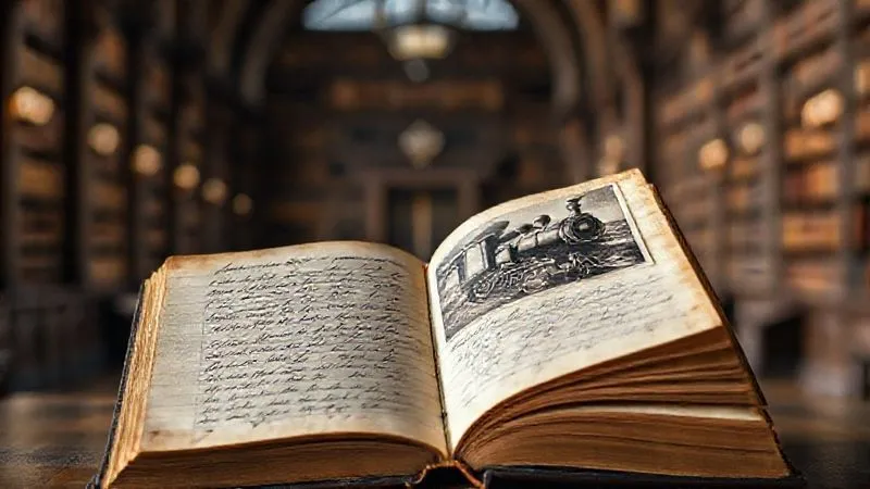 Photorealistic, professional photography, 8K, cinematic lighting, sharp focus, depth of field. An antique, meticulously preserved railway engineer's logbook from the late 19th century, open to a page with elegant handwriting and a faded photograph of a steam locomotive. The background is a soft blur of a grand, historic library or archive, emphasizing rarity and historical authenticity.