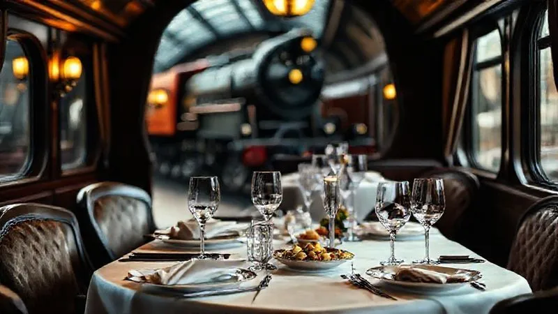 Photorealistic, professional photography, 8K, cinematic lighting, sharp focus, depth of field. An elegantly set dining table inside a meticulously restored vintage luxury train dining car, with fine china, crystal glasses, and a gourmet meal. Soft, warm lighting creates an inviting ambiance. In the background, through a window, a blurred view of a grand railway museum hall with a historic locomotive.
