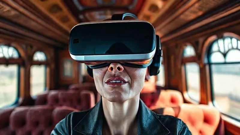 Photorealistic, professional photography, 8K, cinematic lighting, sharp focus, depth of field. A high-resolution, immersive virtual reality experience showing a user wearing a sleek VR headset, deeply engaged in a detailed, 360-degree tour of a beautifully restored vintage luxury train interior. The virtual environment is vividly detailed, showing plush velvet seats and ornate wooden panels. The user's face shows awe and engagement.
