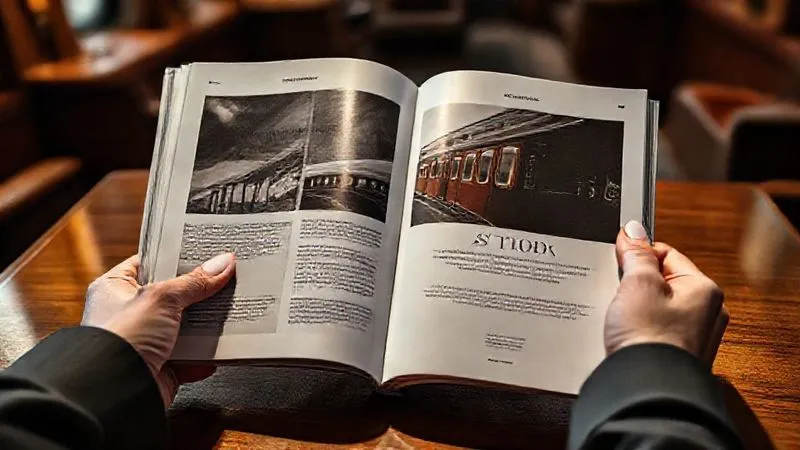 Photorealistic, professional photography, 8K, cinematic lighting, sharp focus, depth of field. A sleek, minimalist luxury travel magazine spread, open to an artfully designed advertisement for an exclusive heritage railway experience. The ad features a stunning, high-contrast image of a vintage luxury train car and elegant, sparse text emphasizing 'unparalleled access' and 'bespoke history.' The magazine is held by manicured hands on a polished wooden table, with a blurred backdrop of a sophisticated lounge.