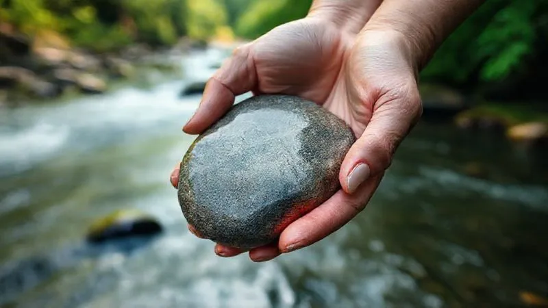 A photorealistic image of a person's hands gently holding a smooth river stone, with blurred natural scenery of a flowing river and lush greenery in the background, conveying a sense of calm and connection to nature, 8K, cinematic lighting. A photorealistic image of a person's hands gently holding a smooth river stone, with blurred natural scenery of a flowing river and lush greenery in the background, conveying a sense of calm and connection to nature, 8K, cinematic lighting.