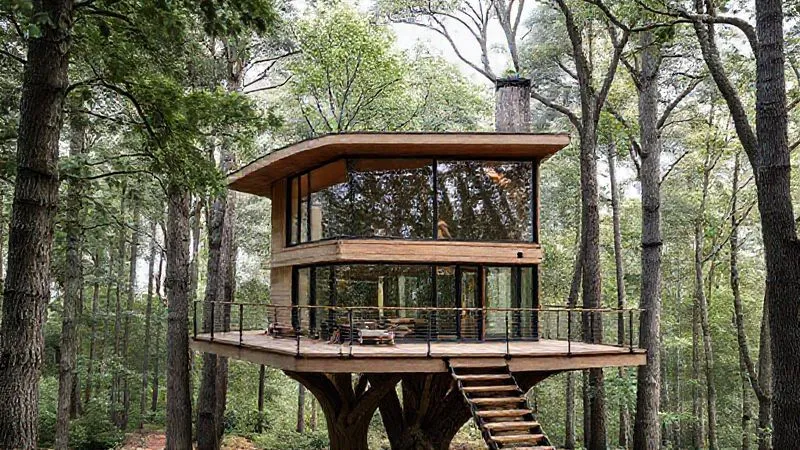 A photorealistic, professional architectural rendering of a modern, sleek treehouse design, showcasing its innovative support structure, large panoramic windows, and integrated decking. The image should highlight the blend of natural materials with contemporary lines, set against a lush forest backdrop. 8K, cinematic lighting, sharp focus, depth of field, shot on a high-end DSLR. A photorealistic, professional architectural rendering of a modern, sleek treehouse design, showcasing its innovative support structure, large panoramic windows, and integrated decking. The image should highlight the blend of natural materials with contemporary lines, set against a lush forest backdrop. 8K, cinematic lighting, sharp focus, depth of field, shot on a high-end DSLR.