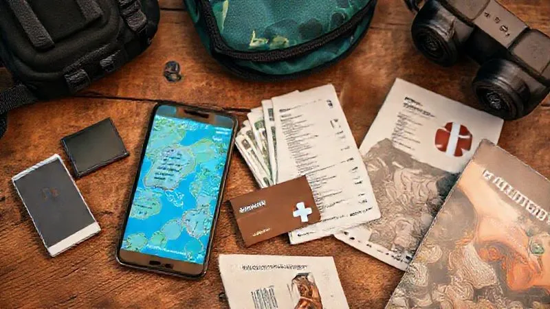 A well-organized backpacker's travel flat lay, showing essentials: a smartphone with offline maps, a small stack of local currency, a credit card, a printed emergency contact list, a compact first-aid kit, and a travel guide. The items are neatly arranged on a rustic wooden table. Photorealistic, professional photography, 8K, cinematic lighting, sharp focus on the items, depth of field, shot on a high-end DSLR. A well-organized backpacker's travel flat lay, showing essentials: a smartphone with offline maps, a small stack of local currency, a credit card, a printed emergency contact list, a compact first-aid kit, and a travel guide. The items are neatly arranged on a rustic wooden table. Photorealistic, professional photography, 8K, cinematic lighting, sharp focus on the items, depth of field, shot on a high-end DSLR.