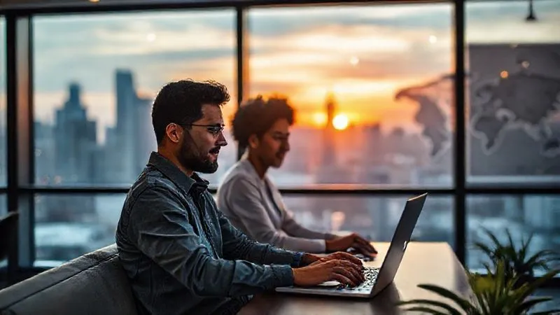 A professional-looking digital nomad, mid-thirties, diverse ethnicity, working calmly on a laptop in a modern co-working space. In the background, a large window reveals a vibrant city skyline at sunset. A travel map is subtly visible on the wall behind them, suggesting their lifestyle. Photorealistic, professional photography, 8K, cinematic lighting, sharp focus on the person and laptop, depth of field blurring the background, shot on a high-end DSLR. A professional-looking digital nomad, mid-thirties, diverse ethnicity, working calmly on a laptop in a modern co-working space. In the background, a large window reveals a vibrant city skyline at sunset. A travel map is subtly visible on the wall behind them, suggesting their lifestyle. Photorealistic, professional photography, 8K, cinematic lighting, sharp focus on the person and laptop, depth of field blurring the background, shot on a high-end DSLR.