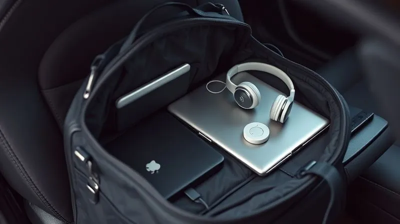 A professional, organized travel tech bag lying open on a car seat, revealing a mobile hotspot, a fully charged power bank, noise-cancelling headphones, and a compact laptop. Photorealistic, professional photography, 8K, cinematic lighting, sharp focus on the gadgets, depth of field blurring the car interior. Shot on a high-end DSLR. A professional, organized travel tech bag lying open on a car seat, revealing a mobile hotspot, a fully charged power bank, noise-cancelling headphones, and a compact laptop. Photorealistic, professional photography, 8K, cinematic lighting, sharp focus on the gadgets, depth of field blurring the car interior. Shot on a high-end DSLR.