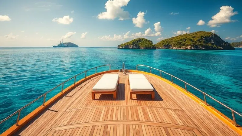 photorealistic, professional photography, 8K, cinematic lighting, sharp focus, depth of field, shot on a high-end DSLR, the expansive, teak deck of a luxurious private superyacht, anchored in a secluded, turquoise Caribbean cove. Two elegant, empty sun loungers are perfectly positioned at the bow, bathed in warm golden sunlight. The surrounding water is calm, and lush green islands are visible in the far distance, emphasizing ultimate privacy and freedom on the open sea. photorealistic, professional photography, 8K, cinematic lighting, sharp focus, depth of field, shot on a high-end DSLR, the expansive, teak deck of a luxurious private superyacht, anchored in a secluded, turquoise Caribbean cove. Two elegant, empty sun loungers are perfectly positioned at the bow, bathed in warm golden sunlight. The surrounding water is calm, and lush green islands are visible in the far distance, emphasizing ultimate privacy and freedom on the open sea.