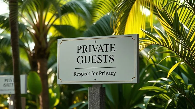 photorealistic, professional photography, 8K, cinematic lighting, sharp focus, depth of field, shot on a high-end DSLR, a stylish, modern resort sign in a lush tropical garden, with subtle text indicating "Private Guest Area" and "Respect for Privacy." The sign is tastefully designed, blending into the luxurious environment, symbolizing the careful balance between clear rules and guest discretion. Soft, dappled sunlight filters through the foliage. photorealistic, professional photography, 8K, cinematic lighting, sharp focus, depth of field, shot on a high-end DSLR, a stylish, modern resort sign in a lush tropical garden, with subtle text indicating "Private Guest Area" and "Respect for Privacy." The sign is tastefully designed, blending into the luxurious environment, symbolizing the careful balance between clear rules and guest discretion. Soft, dappled sunlight filters through the foliage.