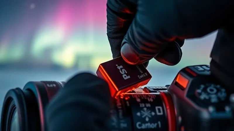 A close-up, photorealistic image of a gloved hand carefully inserting a warm, revived camera battery into a DSLR camera body, set against a blurred backdrop of a vibrant aurora borealis. The photographer's breath is visible in the extreme cold. Cinematic lighting, sharp focus on the battery and camera, depth of field. 8K hyper-detailed, shot on a high-end DSLR.