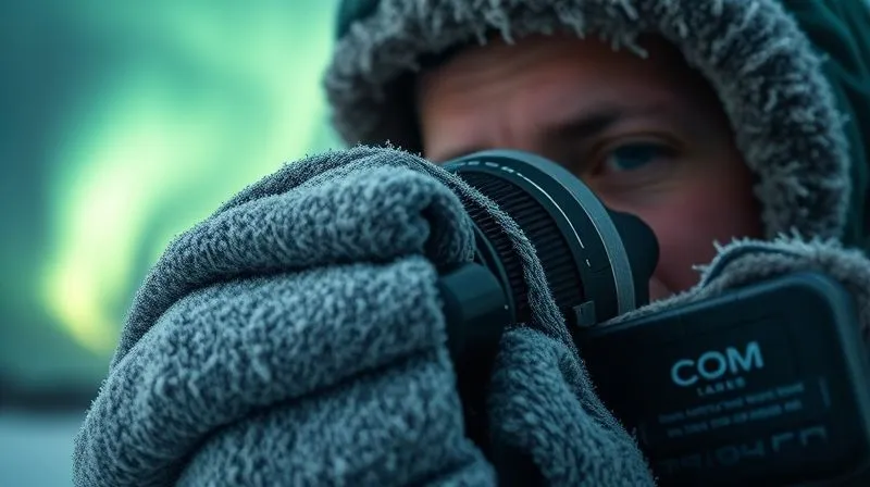 A photorealistic, professional photography image of a photographer carefully wiping a frosted camera lens with a specialized microfibre cloth, under the glow of the aurora borealis. The lens shows intricate frost patterns. Cinematic lighting, sharp focus on the lens and cloth, depth of field. 8K hyper-detailed, shot on a high-end DSLR.