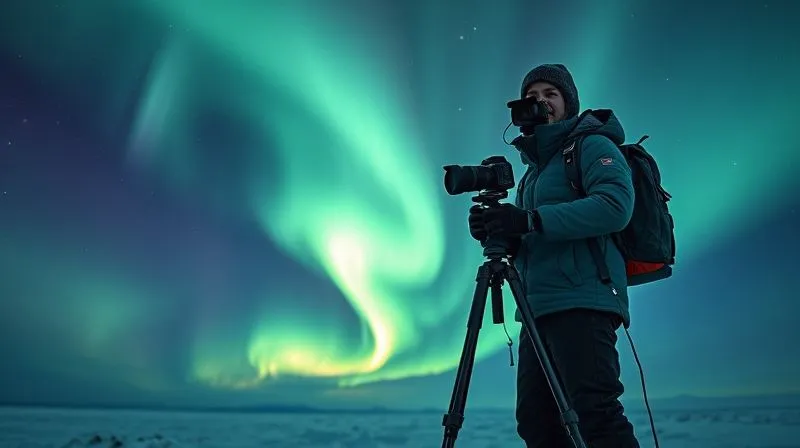 A photorealistic, professional photography image of a fully prepared aurora photographer, dressed in extreme cold weather gear, standing confidently with their camera on a tripod under a dazzling aurora borealis. The scene conveys readiness and expertise, with subtle signs of warmth (e.g., steam from a thermos, well-maintained equipment). Cinematic lighting, sharp focus on the photographer and gear, depth of field. 8K hyper-detailed, shot on a high-end DSLR.
