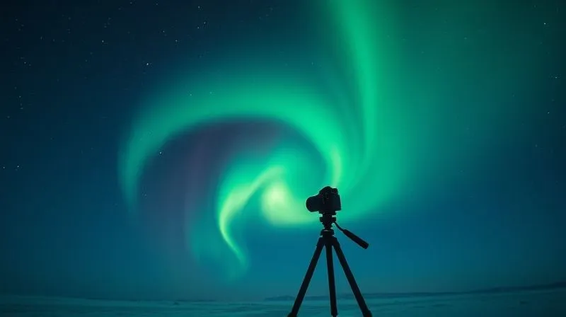 A breathtaking, photorealistic image of a vibrant green aurora borealis swirling across a star-filled arctic sky, perfectly captured by a camera on a tripod in the foreground. The scene evokes a sense of triumph and successful photography in extreme conditions. Cinematic lighting, sharp focus on the aurora and the silhouette of the camera setup, depth of field. 8K hyper-detailed, shot on a high-end DSLR.