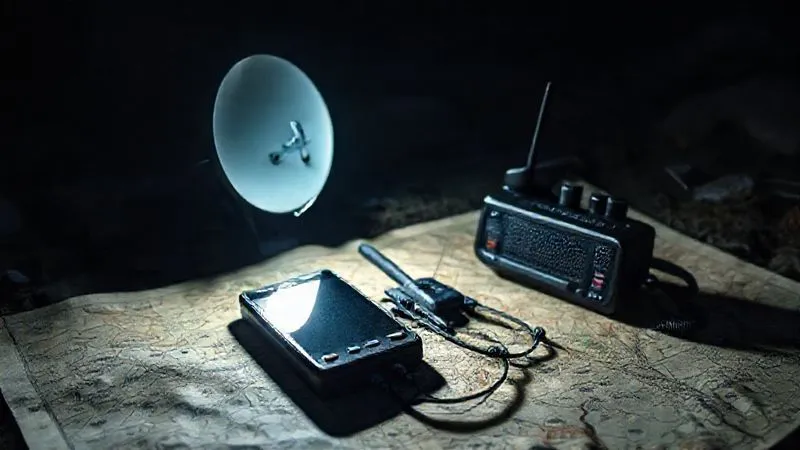 A photorealistic image depicting a satellite phone and a two-way radio lying on a rugged map, illuminated by the dim glow of a headlamp in a dark, remote wilderness setting. Professional photography, 8K, cinematic lighting, sharp focus on the communication devices, depth of field blurring the background, shot on a high-end DSLR. A photorealistic image depicting a satellite phone and a two-way radio lying on a rugged map, illuminated by the dim glow of a headlamp in a dark, remote wilderness setting. Professional photography, 8K, cinematic lighting, sharp focus on the communication devices, depth of field blurring the background, shot on a high-end DSLR.