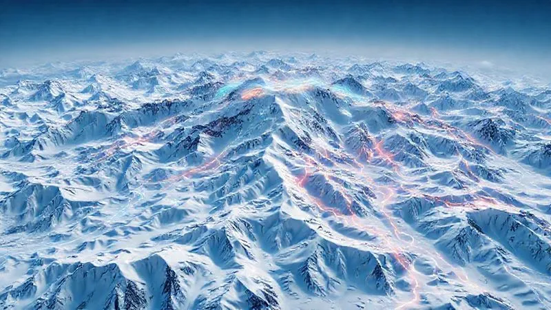 photorealistic, professional photography, 8K, cinematic lighting, sharp focus, depth of field, shot on a high-end DSLR, a complex, detailed 3D topographic map of a snow-covered mountain range, with intricate weather model data overlays showing wind patterns, temperature gradients, and predicted snowfall accumulation, glowing lines indicating air currents, a sense of scientific precision. photorealistic, professional photography, 8K, cinematic lighting, sharp focus, depth of field, shot on a high-end DSLR, a complex, detailed 3D topographic map of a snow-covered mountain range, with intricate weather model data overlays showing wind patterns, temperature gradients, and predicted snowfall accumulation, glowing lines indicating air currents, a sense of scientific precision.