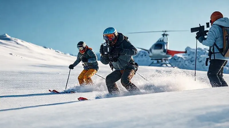 photorealistic, professional photography, 8K, cinematic lighting, sharp focus, depth of field, shot on a high-end DSLR, a professional ski film crew in action, two skiers in deep, untouched powder, one cinematographer on a steadycam capturing the action, a snow safety guide in the background with a radio, all wearing appropriate winter gear, a helicopter visible in the distance, a sense of coordinated, high-stakes operation in a pristine mountain environment. photorealistic, professional photography, 8K, cinematic lighting, sharp focus, depth of field, shot on a high-end DSLR, a professional ski film crew in action, two skiers in deep, untouched powder, one cinematographer on a steadycam capturing the action, a snow safety guide in the background with a radio, all wearing appropriate winter gear, a helicopter visible in the distance, a sense of coordinated, high-stakes operation in a pristine mountain environment.