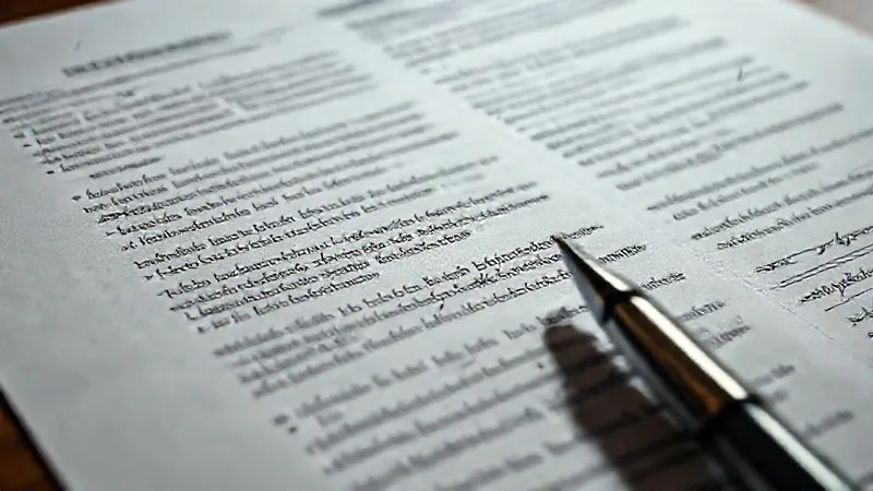 A photorealistic close-up of a legal document or contract with complex clauses and signatures, illuminated by a focused light, emphasizing the detail and importance. Professional photography, 8K, cinematic lighting, sharp focus, depth of field, shot on a high-end DSLR.