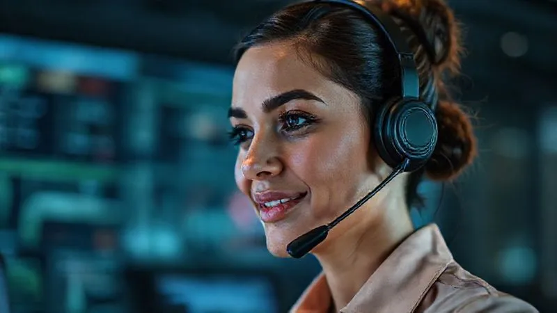 A photorealistic image of a professional customer service representative, wearing a headset, intently listening and speaking with a compassionate expression. The background shows a subtle, futuristic control room interface, suggesting advanced technology. Cinematic lighting, sharp focus on the representative's face, depth of field blurring the background, 8K hyper-detailed, shot on a high-end DSLR.