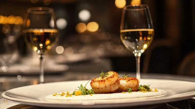 A photorealistic, professional photography shot of an exquisitely plated gourmet dish (e.g., seared scallops with saffron foam) in a dimly lit, elegant restaurant setting. A perfectly poured glass of fine wine stands beside it, with subtle bokeh lighting in the background suggesting a sophisticated ambiance. The focus is sharp on the food, highlighting its artistry and luxurious appeal. 8K, cinematic lighting, depth of field, shot on a high-end DSLR. A photorealistic, professional photography shot of an exquisitely plated gourmet dish (e.g., seared scallops with saffron foam) in a dimly lit, elegant restaurant setting. A perfectly poured glass of fine wine stands beside it, with subtle bokeh lighting in the background suggesting a sophisticated ambiance. The focus is sharp on the food, highlighting its artistry and luxurious appeal. 8K, cinematic lighting, depth of field, shot on a high-end DSLR.