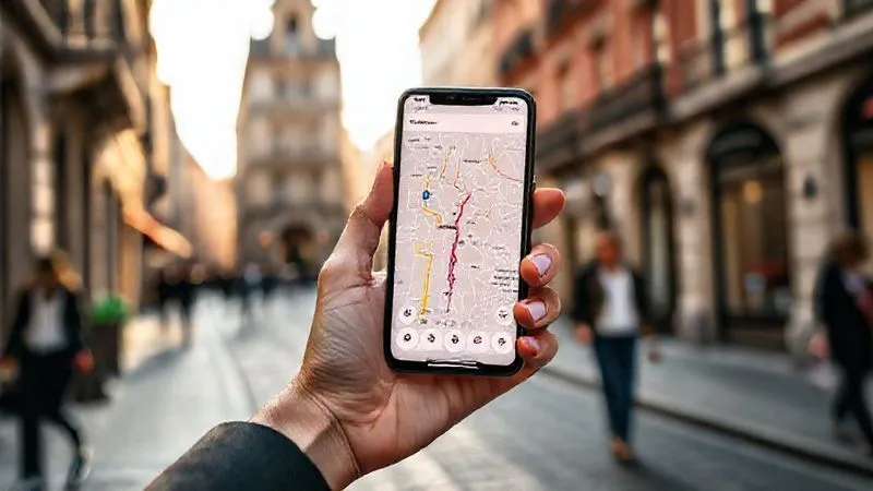 A photorealistic, professional photography shot of an elegant hand holding a smartphone, subtly displaying a map app with a highlighted route through a charming European city street. The background is a gently blurred, sunlit scene of historic architecture and a few stylish pedestrians, conveying effortless navigation and engagement with the surroundings. 8K, cinematic lighting, sharp focus on the hand and phone, depth of field, shot on a high-end DSLR. A photorealistic, professional photography shot of an elegant hand holding a smartphone, subtly displaying a map app with a highlighted route through a charming European city street. The background is a gently blurred, sunlit scene of historic architecture and a few stylish pedestrians, conveying effortless navigation and engagement with the surroundings. 8K, cinematic lighting, sharp focus on the hand and phone, depth of field, shot on a high-end DSLR.