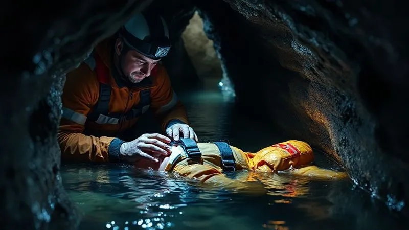 A photorealistic, professional photograph of two cavers performing an initial medical assessment on an injured caver lying partially submerged in a shallow, tight cave passage. Headlamps illuminate their focused faces and the medical kit. The atmosphere is urgent but controlled. Cinematic lighting, sharp focus on the assessment, depth of field blurring the wet cave walls, 8K hyper-detailed, shot on a high-end DSLR. A photorealistic, professional photograph of two cavers performing an initial medical assessment on an injured caver lying partially submerged in a shallow, tight cave passage. Headlamps illuminate their focused faces and the medical kit. The atmosphere is urgent but controlled. Cinematic lighting, sharp focus on the assessment, depth of field blurring the wet cave walls, 8K hyper-detailed, shot on a high-end DSLR.