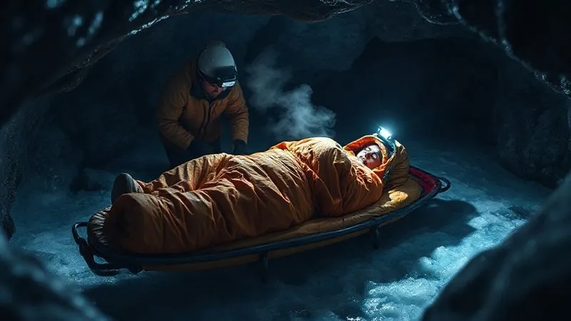 A photorealistic, professional photograph inside a cold, wet cave passage. Two cavers are carefully wrapping an injured person, who is lying on a flexible stretcher, in multiple layers of thermal blankets and a waterproof bivvy bag. Steam might be faintly visible from their breath. Headlamps cast strong beams, highlighting the struggle against the cold. Cinematic lighting, sharp focus on the rewarming effort, depth of field blurring the icy cave walls, 8K hyper-detailed, shot on a high-end DSLR. A photorealistic, professional photograph inside a cold, wet cave passage. Two cavers are carefully wrapping an injured person, who is lying on a flexible stretcher, in multiple layers of thermal blankets and a waterproof bivvy bag. Steam might be faintly visible from their breath. Headlamps cast strong beams, highlighting the struggle against the cold. Cinematic lighting, sharp focus on the rewarming effort, depth of field blurring the icy cave walls, 8K hyper-detailed, shot on a high-end DSLR.