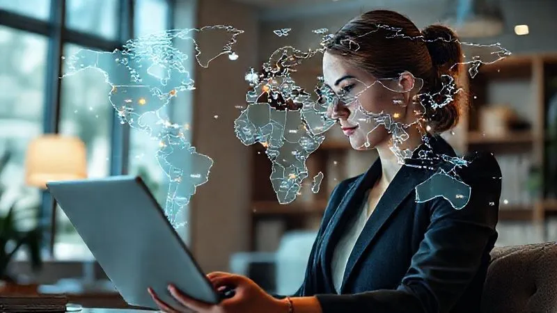 A photorealistic image of a female executive intensely studying a holographic global map, overlaid with data points indicating security risks and cultural sensitivities, with a laptop open displaying travel advisories, set in a modern, well-lit study, professional photography, 8K, cinematic lighting, sharp focus on the map and executive, depth of field blurring the background, shot on a high-end DSLR. A photorealistic image of a female executive intensely studying a holographic global map, overlaid with data points indicating security risks and cultural sensitivities, with a laptop open displaying travel advisories, set in a modern, well-lit study, professional photography, 8K, cinematic lighting, sharp focus on the map and executive, depth of field blurring the background, shot on a high-end DSLR.