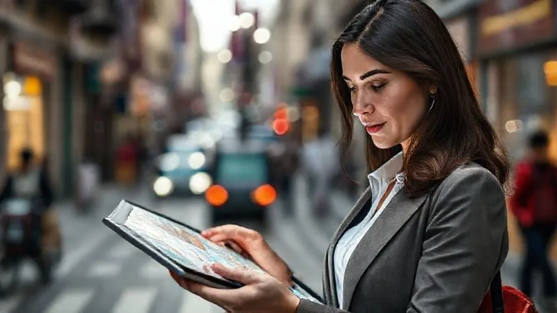 A photorealistic, professional photography, 8K, cinematic lighting, sharp focus, depth of field, shot on a high-end DSLR, of a female executive calmly and confidently navigating a complex digital map on her tablet, with a blurred background showing a bustling foreign street, symbolizing a strategic approach to unforeseen challenges and quick problem-solving. A photorealistic, professional photography, 8K, cinematic lighting, sharp focus, depth of field, shot on a high-end DSLR, of a female executive calmly and confidently navigating a complex digital map on her tablet, with a blurred background showing a bustling foreign street, symbolizing a strategic approach to unforeseen challenges and quick problem-solving.