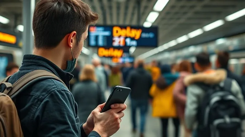 A photorealistic image of a traveler holding a smartphone, looking at a train information screen at a bustling international train station, displaying delay notifications. The traveler appears focused, with a slight sense of urgency. Cinematic lighting, sharp focus, depth of field blurring the crowd, 8K hyper-detailed, shot on a high-end DSLR. A photorealistic image of a traveler holding a smartphone, looking at a train information screen at a bustling international train station, displaying delay notifications. The traveler appears focused, with a slight sense of urgency. Cinematic lighting, sharp focus, depth of field blurring the crowd, 8K hyper-detailed, shot on a high-end DSLR.