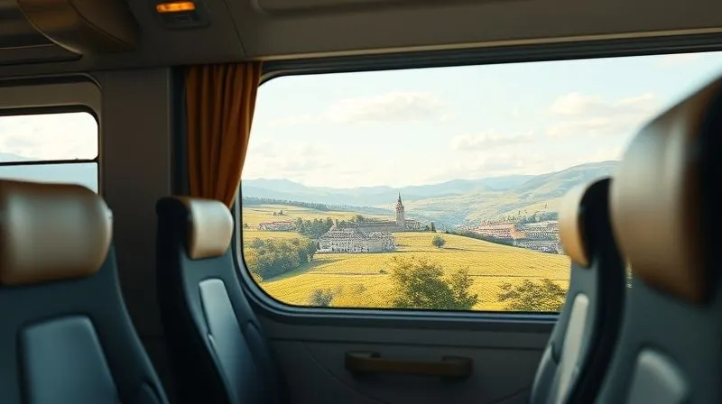 A photorealistic image from inside a modern, comfortable long-distance bus, looking out through the window at a picturesque European landscape, implying an alternative journey. The interior is clean and inviting. Cinematic lighting, sharp focus on the view, depth of field blurring the bus interior slightly, 8K hyper-detailed, shot on a high-end DSLR. A photorealistic image from inside a modern, comfortable long-distance bus, looking out through the window at a picturesque European landscape, implying an alternative journey. The interior is clean and inviting. Cinematic lighting, sharp focus on the view, depth of field blurring the bus interior slightly, 8K hyper-detailed, shot on a high-end DSLR.