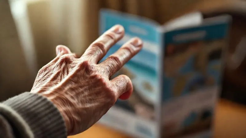 A close-up, photorealistic image of an elderly hand with a wedding ring, reaching out hesitantly towards a blurry, slightly out-of-reach travel brochure, conveying a sense of longing mixed with apprehension about accessibility. Cinematic lighting, sharp focus on the hand, depth of field. 8K, shot on a high-end DSLR.