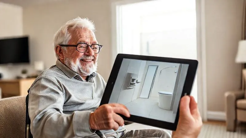 A senior couple, one using a discreet mobility aid, smiling broadly as they view a high-resolution virtual tour of an accessible hotel room on a large tablet screen. The tablet reflects a perfectly clear, wide doorway and roll-in shower. Natural light streaming in, comfortable home setting. Photorealistic, professional photography, 8K, cinematic lighting, sharp focus, depth of field, shot on a high-end DSLR.
