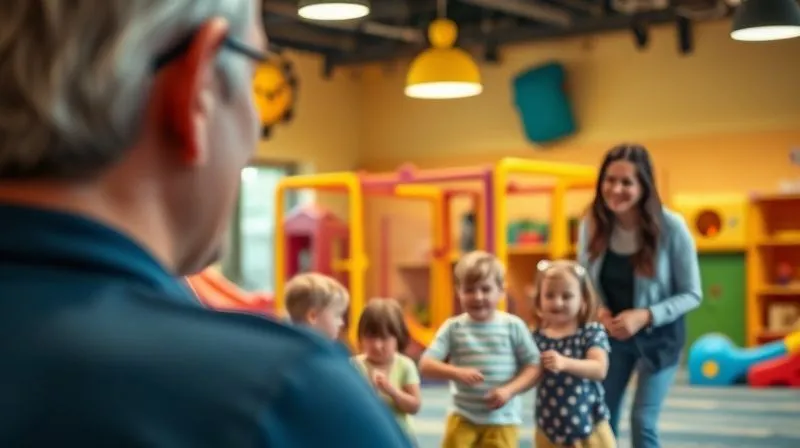 photorealistic, professional photography, 8K, cinematic lighting, sharp focus, depth of field, shot on a high-end DSLR. A warm, inviting kids club interior, with bright, age-appropriate play equipment. In the foreground, slightly blurred, a parent (from their perspective, looking in) observes a group of happy children playing, with attentive, smiling staff members actively engaging with them. The scene conveys a sense of safety, professionalism, and joyful interaction.
